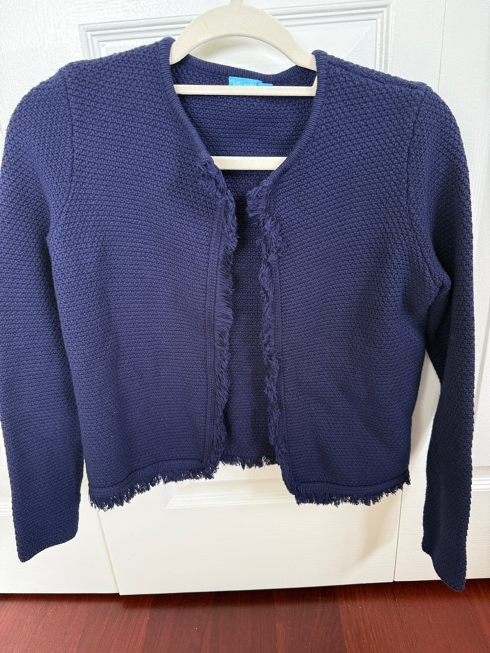 J. McLaughlin Fringe Edge Knit Cardigan Jacket in Navy Blue